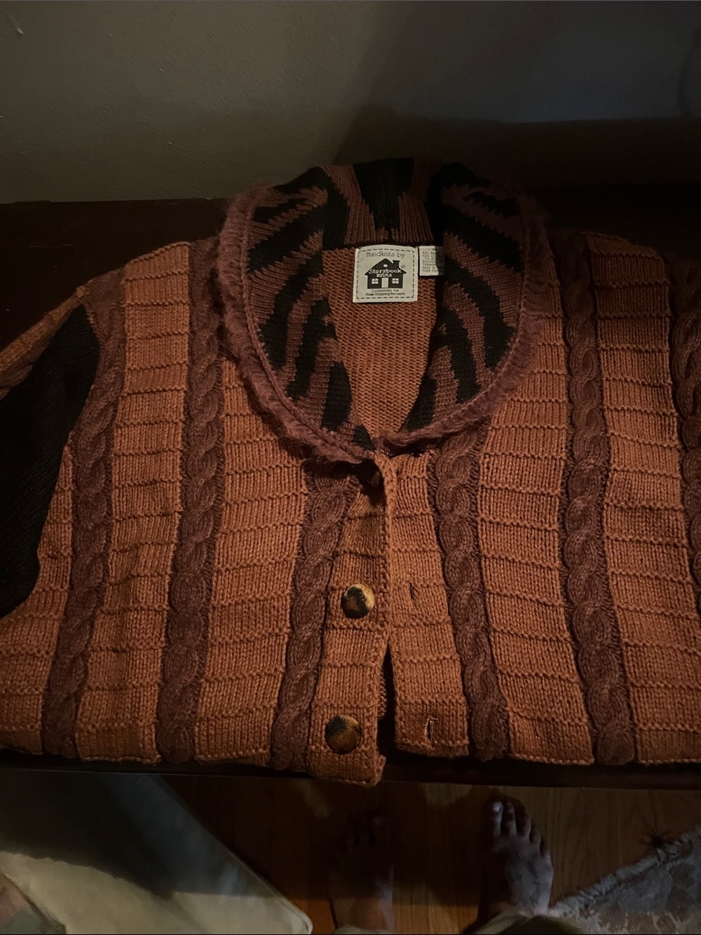Storybook Knits Rust Brown Cable Knit Cardigan with Dark Accents